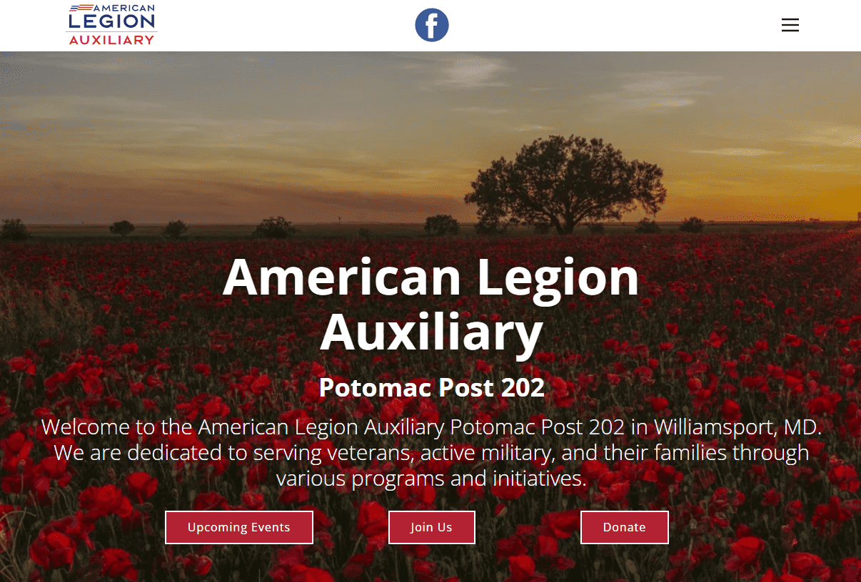 Sunset over a field of red poppies with American Legion Auxiliary Potomac Post 202 text overlay, representing dedication to veterans and military families in Williamsport, MD.