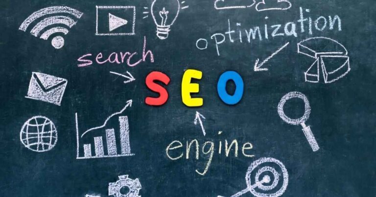 Chalkboard-style SEO graphic with search, optimization, and growth icons—representing affordable digital marketing in Falling Waters, WV.